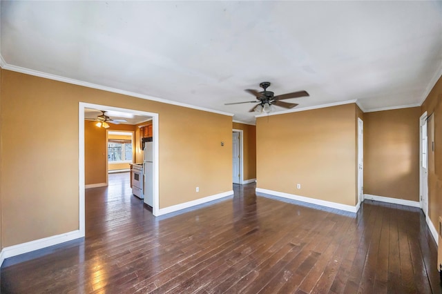 unfurnished room featuring ornamental molding, dark hardwood / wood-style floors, and ceiling fan