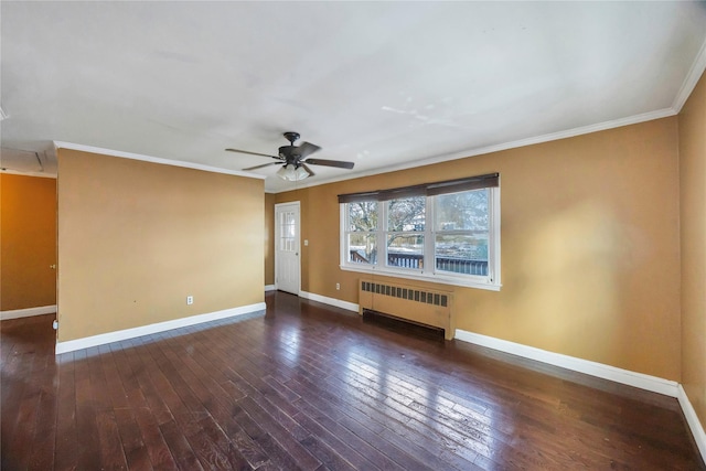 unfurnished living room featuring dark hardwood / wood-style flooring, radiator, and crown molding