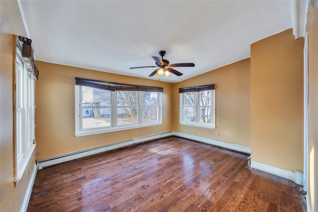 empty room with ceiling fan, lofted ceiling, dark hardwood / wood-style floors, and a baseboard heating unit