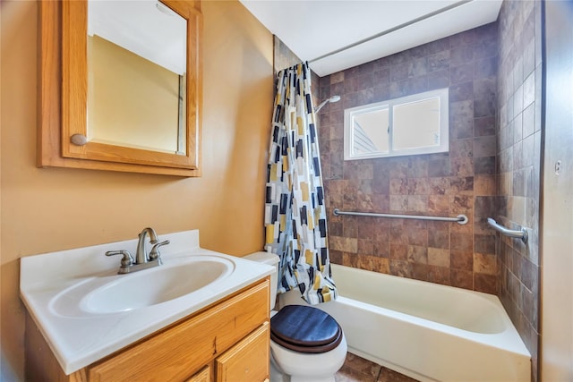 full bathroom with vanity, shower / bathtub combination with curtain, and toilet