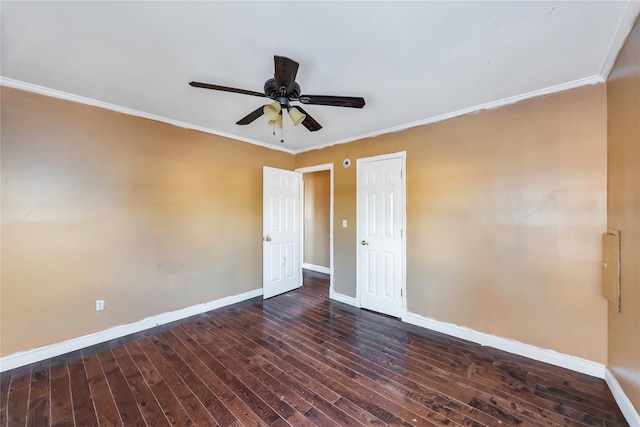 unfurnished bedroom featuring crown molding, dark wood-type flooring, and ceiling fan