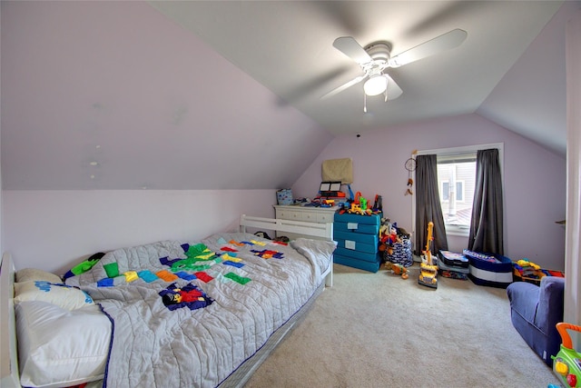 bedroom featuring carpet floors, ceiling fan, and vaulted ceiling