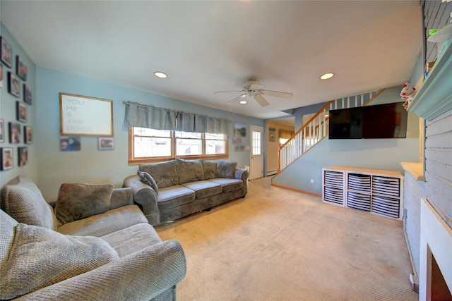 living room with stairs, carpet flooring, visible vents, and recessed lighting