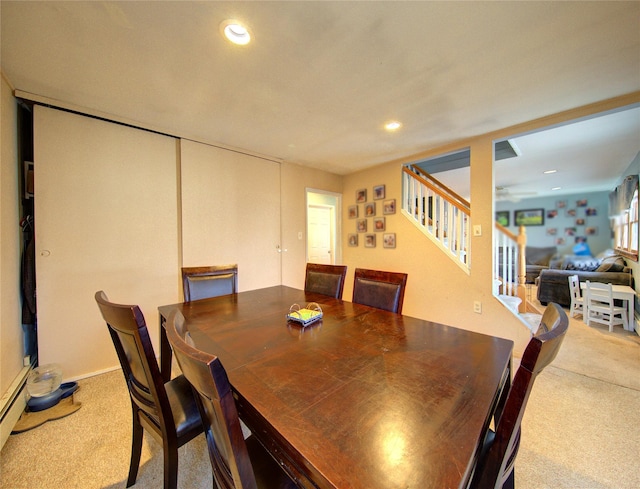 dining area with stairs, carpet, and recessed lighting