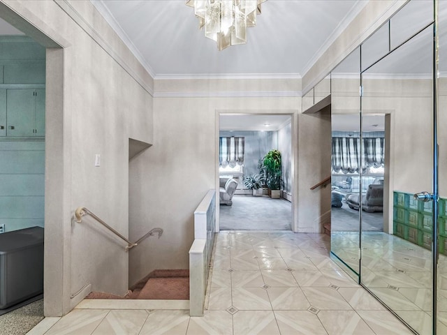 corridor with ornamental molding, a chandelier, and light tile patterned flooring