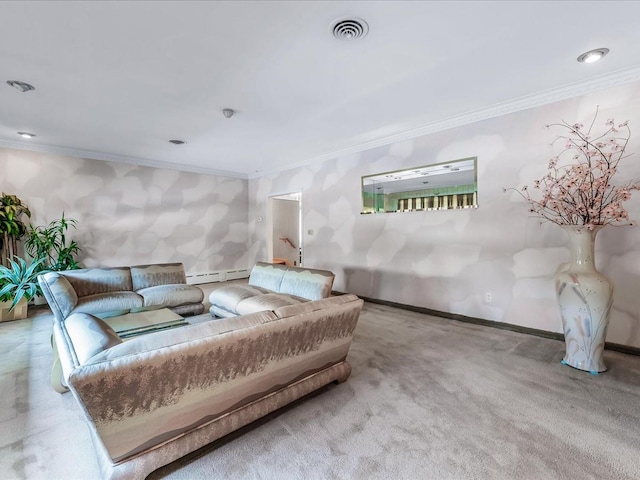 carpeted living room with a baseboard heating unit and crown molding