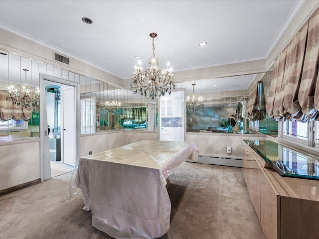 carpeted dining room featuring a notable chandelier, crown molding, and a baseboard radiator