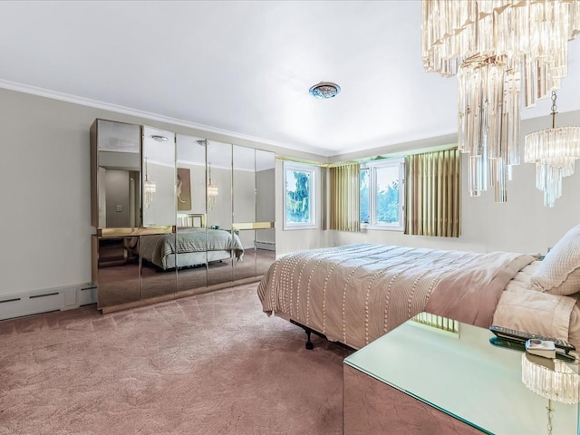 bedroom with a baseboard radiator, carpet flooring, ornamental molding, and a closet