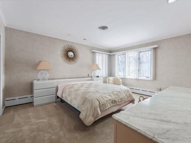 bedroom with light colored carpet, ornamental molding, and a baseboard heating unit