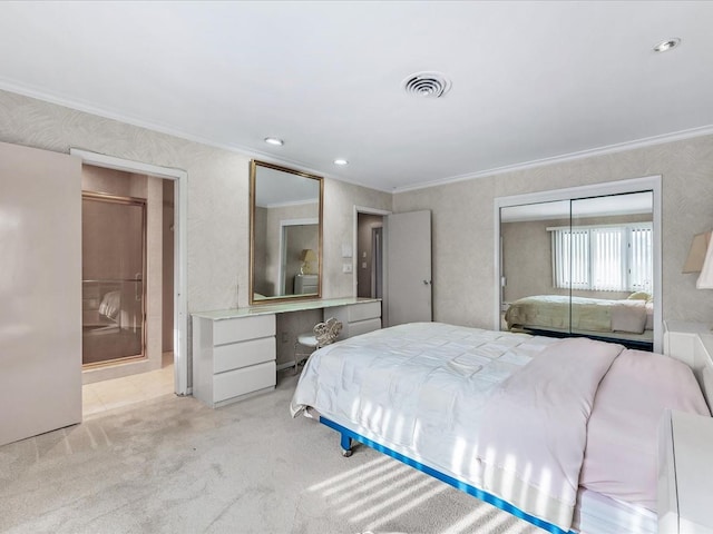 bedroom featuring crown molding, fridge, light colored carpet, and a closet