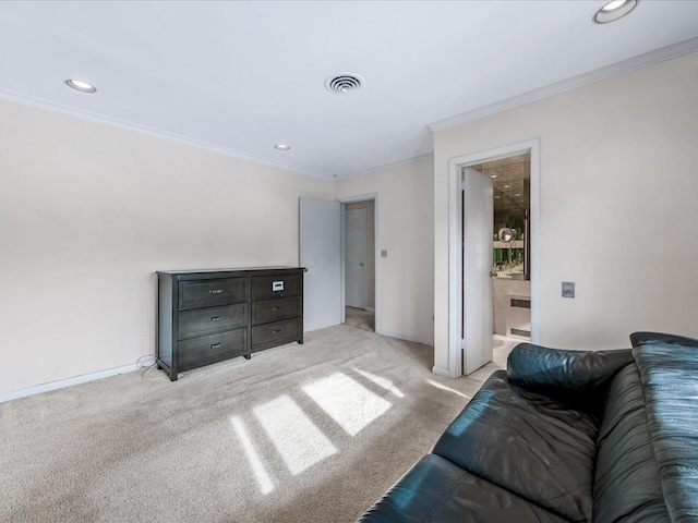 living room featuring light colored carpet and ornamental molding