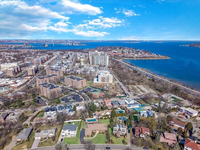 bird's eye view featuring a water view and a view of city
