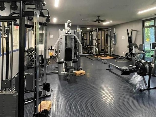 gym featuring ceiling fan