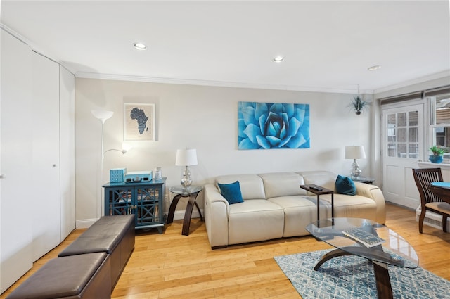 living room featuring ornamental molding and light hardwood / wood-style flooring