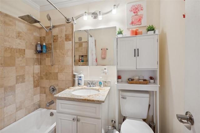 full bathroom with crown molding, vanity, shower / bathtub combination with curtain, and toilet