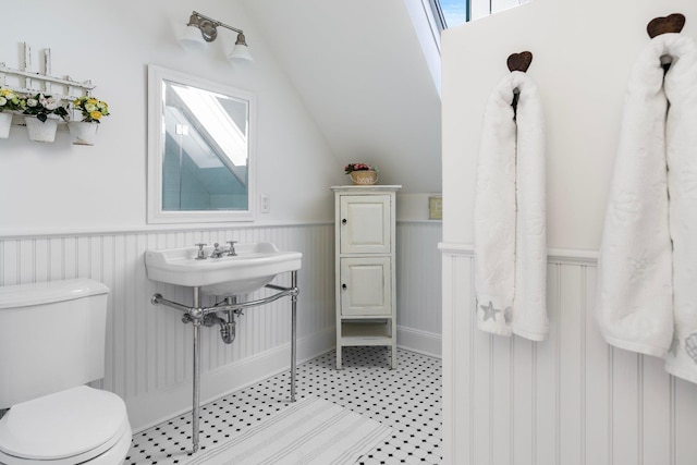 bathroom featuring lofted ceiling, sink, and toilet