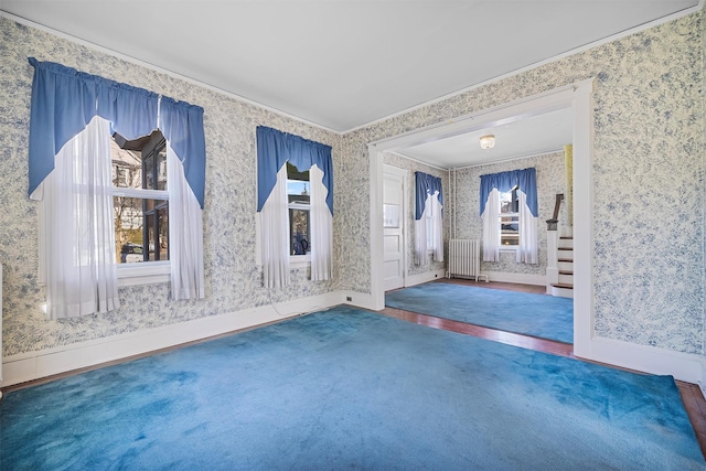 carpeted entrance foyer featuring a healthy amount of sunlight and radiator