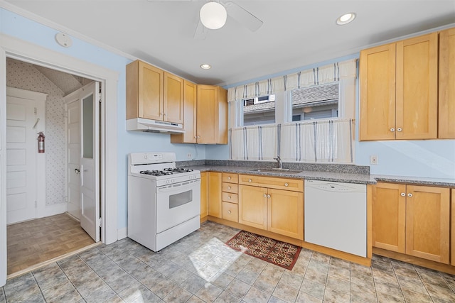 kitchen with ceiling fan, sink, light brown cabinets, and white appliances