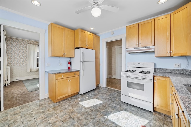 kitchen with ceiling fan, ornamental molding, radiator, and white appliances