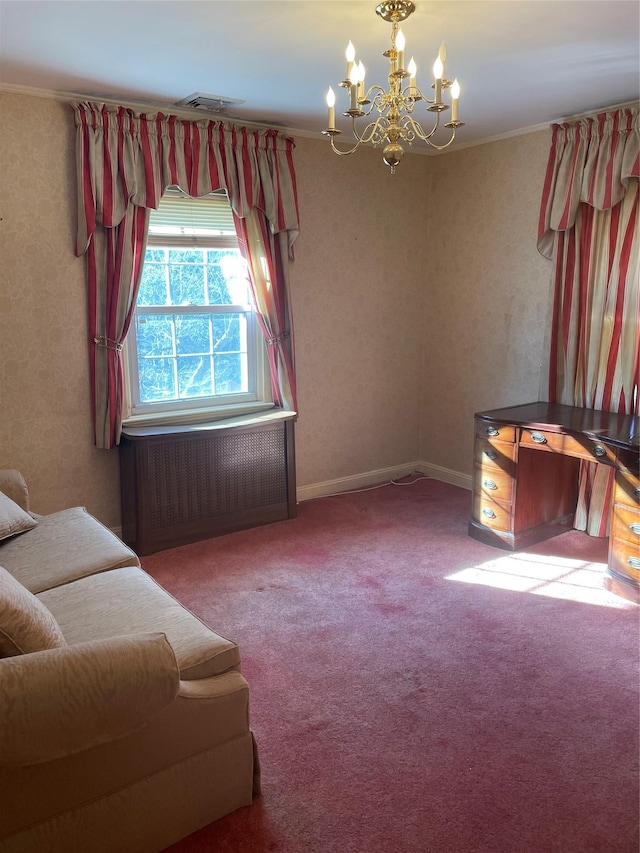 sitting room with crown molding, carpet, and a chandelier