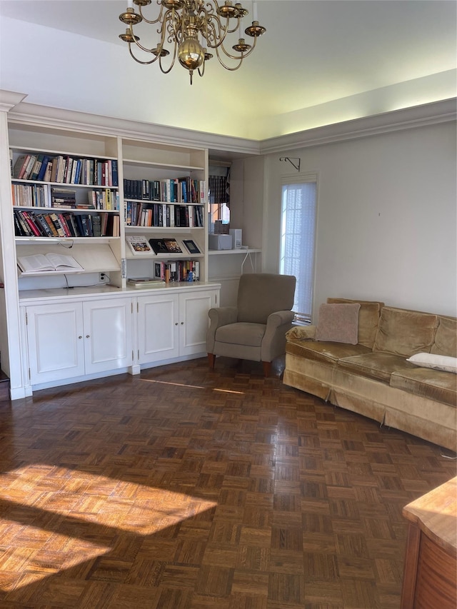 unfurnished living room with dark parquet floors and an inviting chandelier