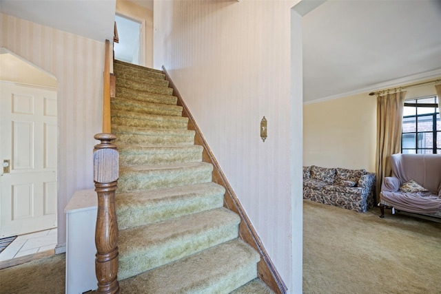 47-44 Glenwood St, Little Neck, NY 11362 - stairs featuring carpet, wallpapered walls, and ornamental molding
