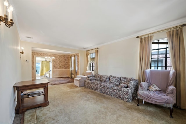 47-44 Glenwood St, Little Neck, NY 11362 - carpeted living area featuring a chandelier, plenty of natural light, and ornamental molding