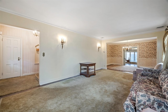 47-44 Glenwood St, Little Neck, NY 11362 - living area with wallpapered walls, a chandelier, carpet floors, ornamental molding, and baseboards