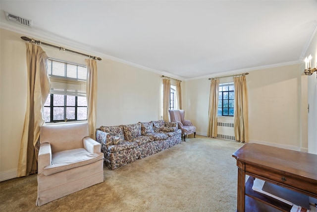 47-44 Glenwood St, Little Neck, NY 11362 - carpeted living area featuring radiator, ornamental molding, and baseboards