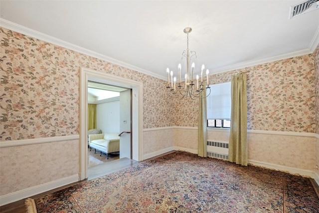 47-44 Glenwood St, Little Neck, NY 11362 - spare room featuring a chandelier, wallpapered walls, radiator heating unit, and ornamental molding
