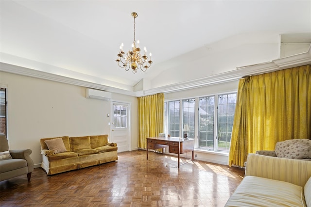 47-44 Glenwood St, Little Neck, NY 11362 - living room featuring vaulted ceiling, a wall unit AC, a chandelier, and baseboards