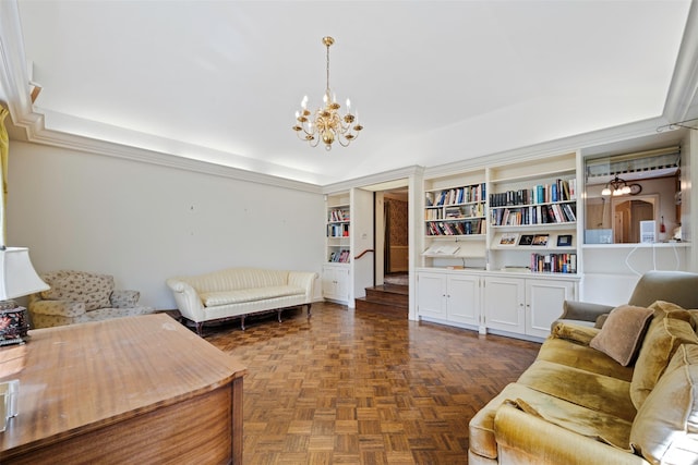 47-44 Glenwood St, Little Neck, NY 11362 - living area featuring a chandelier and a raised ceiling