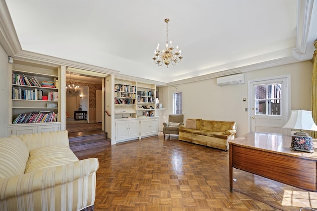 47-44 Glenwood St, Little Neck, NY 11362 - living area featuring a wall mounted AC, a raised ceiling, and a chandelier