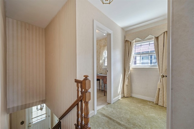 47-44 Glenwood St, Little Neck, NY 11362 - corridor with an upstairs landing, carpet floors, baseboards, and wallpapered walls