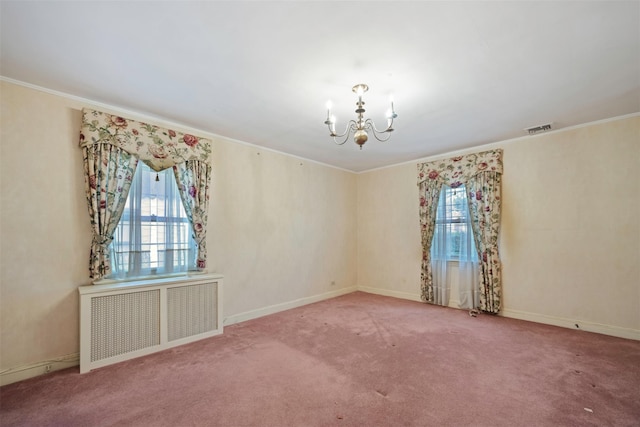 47-44 Glenwood St, Little Neck, NY 11362 - spare room featuring radiator, a chandelier, crown molding, carpet flooring, and baseboards