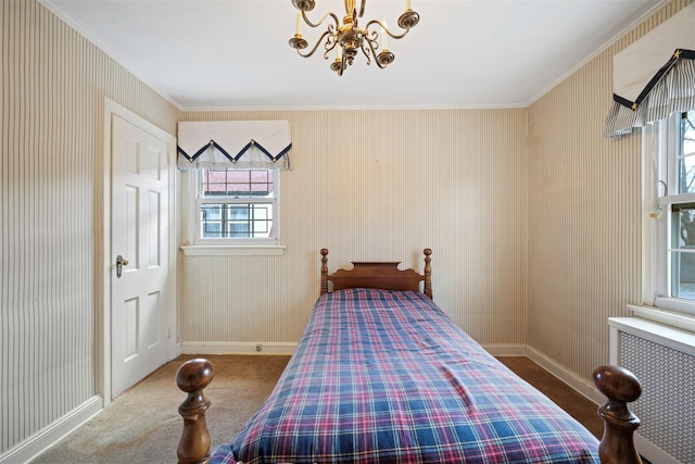 47-44 Glenwood St, Little Neck, NY 11362 - carpeted bedroom with crown molding, a chandelier, baseboards, and wallpapered walls
