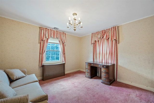 47-44 Glenwood St, Little Neck, NY 11362 - unfurnished room with a chandelier, baseboards, crown molding, and carpet flooring