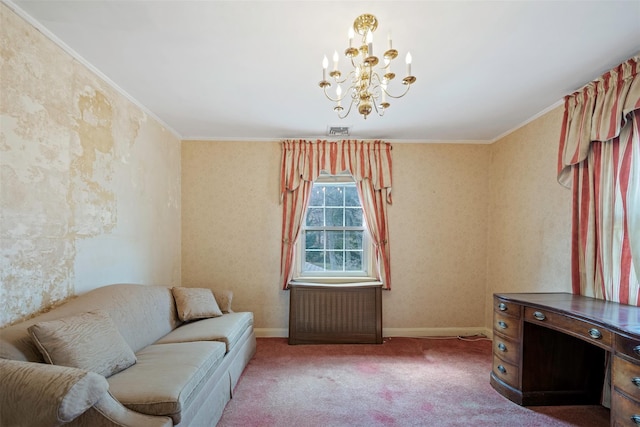 47-44 Glenwood St, Little Neck, NY 11362 - living area with a chandelier, carpet flooring, crown molding, and baseboards