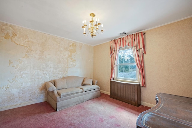 47-44 Glenwood St, Little Neck, NY 11362 - sitting room with a chandelier, crown molding, baseboards, and carpet
