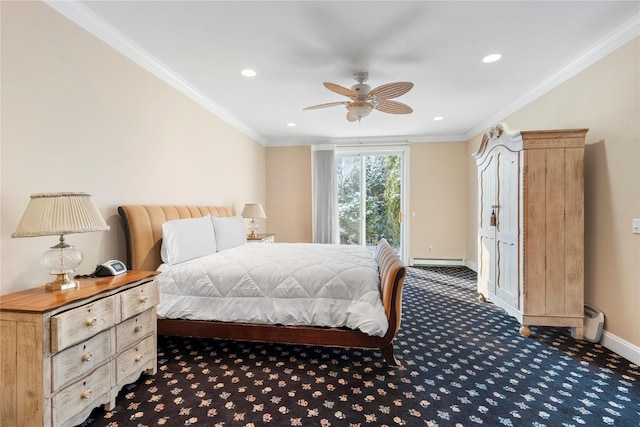 bedroom with ceiling fan, baseboard heating, access to exterior, ornamental molding, and dark carpet