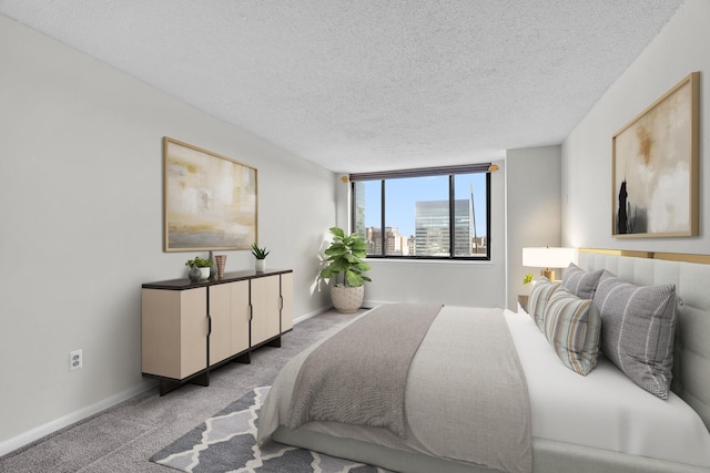 25 Rockledge Ave Unit 906W, White Plains, NY 10601 - bedroom featuring a view of city, light colored carpet, a textured ceiling, and baseboards