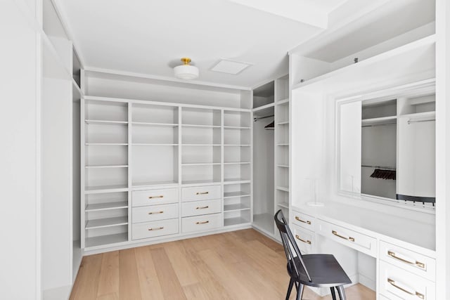 walk in closet with built in desk and light hardwood / wood-style floors