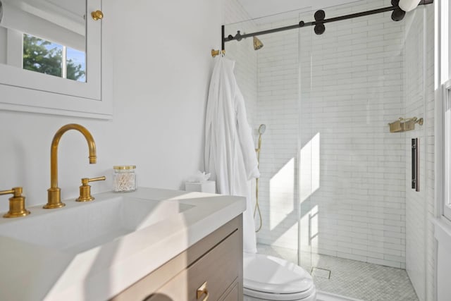 bathroom with vanity, toilet, and walk in shower