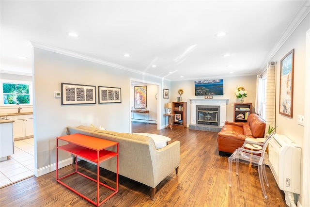 living area featuring baseboard heating, radiator heating unit, crown molding, hardwood / wood-style flooring, and recessed lighting