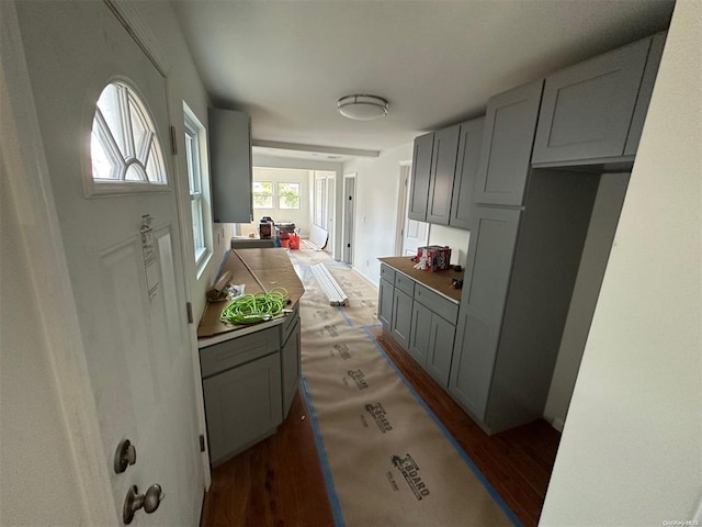 kitchen featuring gray cabinetry and dark hardwood / wood-style floors