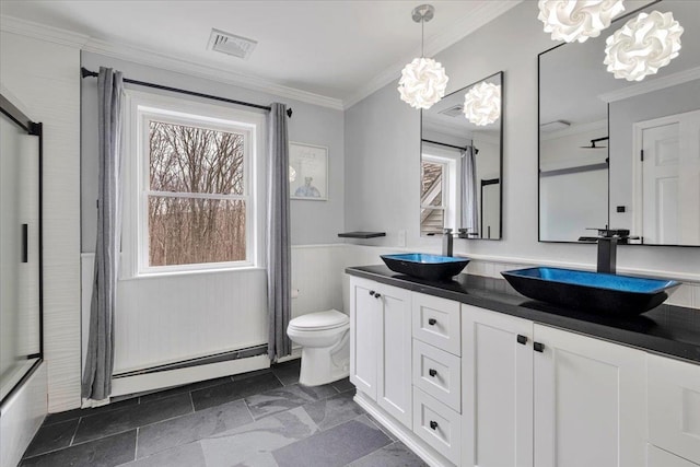bathroom with a chandelier, visible vents, a baseboard heating unit, and a sink