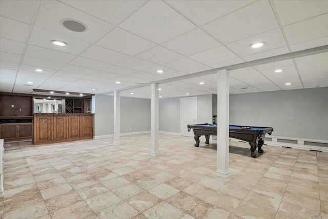 finished below grade area with indoor bar, billiards, recessed lighting, and baseboards