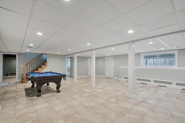 game room featuring a paneled ceiling, baseboards, billiards, and recessed lighting
