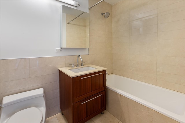 full bathroom with toilet, tile walls, vanity, tiled shower / bath combo, and tile patterned flooring