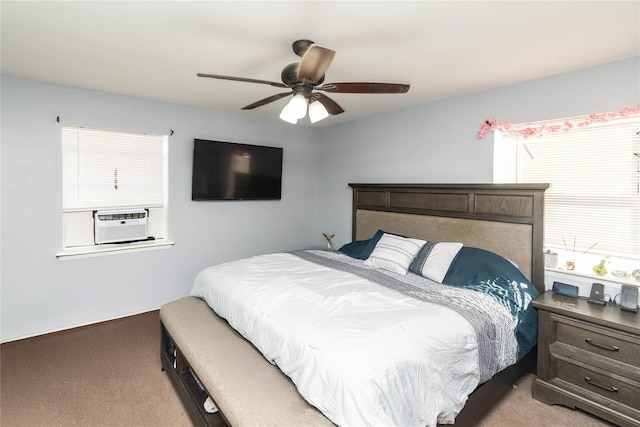 bedroom featuring cooling unit, ceiling fan, and light carpet